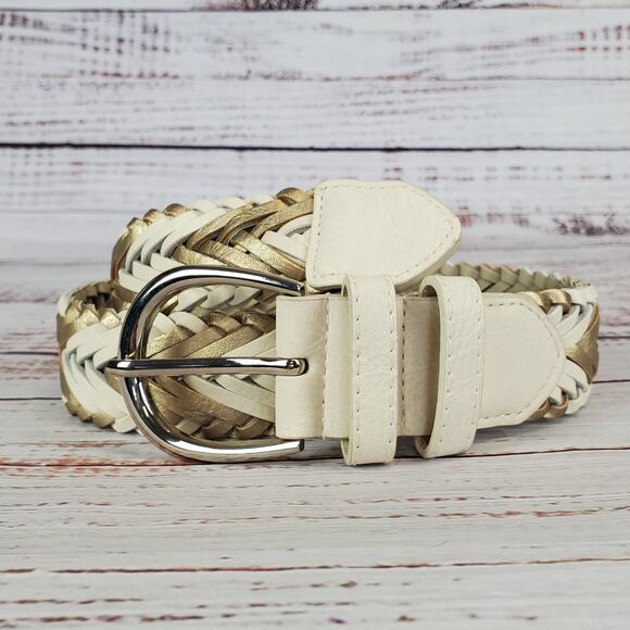 Classic Braided Adjustable Leather Belt White Gold Silver Tone Buckle 1.5 X 37.5 - Picture 1 of 7